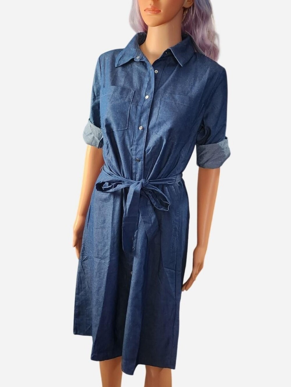 NY Collection 100% Cotton Shirt Dress with Tie Waist - Blue / NWT / Small